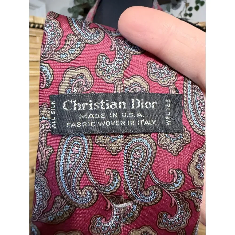 Christian Dior red paisley neck tie 100% silk quiet luxury USA made gentlemen